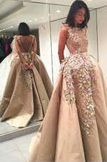 Artistic Champagne A-line Bateau Sleeveless Satin Floor Length Backless Lace and Appliques Military Ball Gown