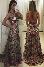 Modest Scoop Sleeveless With Train Lace and Pattern Backless Prom Evening Gown with Multi-color Sweep Train