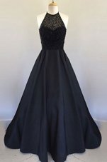 Halter Top Sleeveless Zipper Floor Length Beading and Pleated Prom Party Dress
