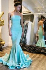 Mermaid Strapless Sleeveless Sweep Train Zipper Prom Gown Turquoise Elastic Woven Satin