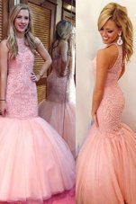 Elegant Mermaid Scoop Pink Sleeveless Tulle Backless Prom Dress for Prom and Party