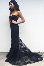 Popular Mermaid Zipper Prom Party Dress Black and In for Prom and Party with Lace Sweep Train