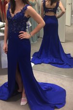 Adorable V-neck Sleeveless Prom Dress Sweep Train Beading and Appliques Royal Blue Satin