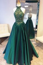 Flare Halter Top Zipper Prom Evening Gown Teal and In for Prom and Party and Wedding Party with Beading and Lace Sweep Train