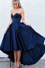 Cute Navy Blue A-line Sweetheart Sleeveless Satin Asymmetrical Zipper Pleated Homecoming Gowns
