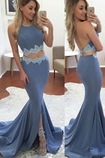 Hot Sale Mermaid Halter Top Sleeveless Homecoming Dress Sweep Train Lace Lavender Elastic Woven Satin