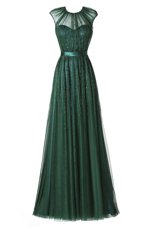 Fancy Scoop Cap Sleeves Floor Length Beading and Pleated Zipper Dress for Prom with Dark Green