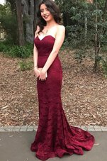 Simple Mermaid Lace Sweetheart Sleeveless Sweep Train Lace Up Lace Dress for Prom in Burgundy
