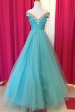 Luxury Off The Shoulder Sleeveless Backless Prom Party Dress Blue Tulle