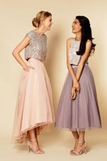 Latest Pink A-line Scoop Sleeveless Organza Ankle Length Zipper Sequins Homecoming Dress