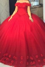 High Class Red Ball Gowns Off The Shoulder Short Sleeves Tulle Lace Up Hand Made Flower Pageant Dresses
