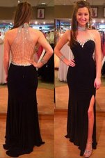 Beautiful Halter Top Black Column/Sheath Beading Prom Dress Zipper Satin Sleeveless Floor Length