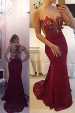 Mermaid Scoop Burgundy Sleeveless Lace Sweep Train Zipper Glitz Pageant Dress for Prom and Party