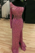 Flare Mermaid Fuchsia One Shoulder Backless Sequins Going Out Dresses Sweep Train Long Sleeves