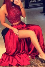 Artistic Halter Top Floor Length A-line Sleeveless Red Prom Gown Backless