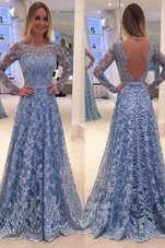 Dynamic Scoop Blue Prom Dresses Lace Sweep Train Long Sleeves Lace