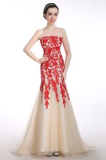 Wonderful Mermaid Red Tulle Lace Up Strapless Sleeveless Brush Train Appliques