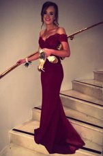 Delicate Wine Red Off The Shoulder Backless Lace Dress for Prom Brush Train Short Sleeves