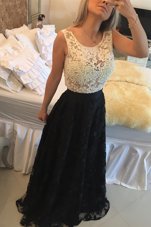 Enchanting Scoop Sleeveless Side Zipper Prom Gown White And Black Lace
