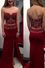 Fancy Sweetheart Sleeveless Dress for Prom With Train Sweep Train Beading Wine Red Elastic Woven Satin