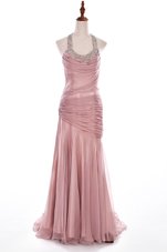 Affordable Halter Top Pink Column/Sheath Beading Dress for Prom Side Zipper Organza and Taffeta Sleeveless With Train