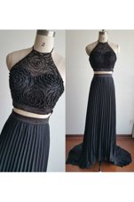 Edgy Halter Top With Train Zipper Prom Dresses Black and In for Prom and Party with Beading Court Train