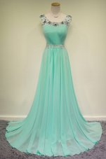 Cute Turquoise Chiffon Zipper Scoop Sleeveless With Train Prom Evening Gown Brush Train Beading