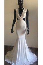 Vintage Mermaid With Train Backless Evening Wear White and In for Prom and Party with Ruching Brush Train