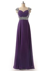 Beading and Ruching Homecoming Dress Purple Lace Up Cap Sleeves Floor Length