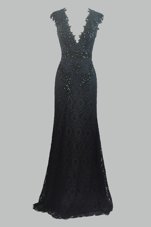 Wonderful Lace Floor Length Column/Sheath Cap Sleeves Black Prom Dress Zipper