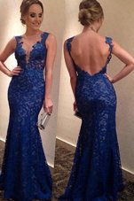 V-neck Sleeveless Prom Dress With Brush Train Lace Navy Blue Lace