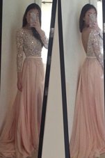 Fantastic Peach Scoop Neckline Beading and Ruching Evening Gowns 3|4 Length Sleeve Backless