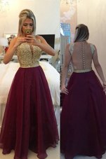 Dazzling Burgundy A-line V-neck Sleeveless Organza Zipper Beading and Appliques Prom Dresses