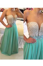 Exquisite Turquoise Sleeveless Floor Length Beading Zipper Evening Outfits