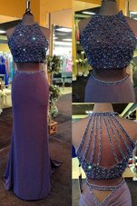 Sumptuous Purple Scoop Neckline Beading Celebrity Prom Dress Sleeveless Zipper