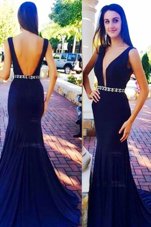 Designer Black Sleeveless With Train Beading Backless Evening Dress