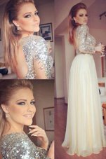 Adorable Organza and Sequined Scoop Long Sleeves Backless Sequins Evening Party Dresses in Champagne