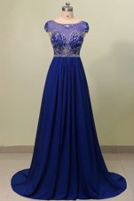 Flare Scoop Cap Sleeves Dress for Prom With Train Beading and Appliques Navy Blue Elastic Woven Satin