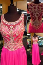 Artistic Scoop Sleeveless Elastic Woven Satin With Brush Train Side Zipper Evening Dress in Hot Pink for with Beading
