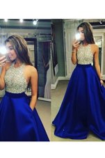 Halter Top Sleeveless Backless Prom Gown Blue Chiffon