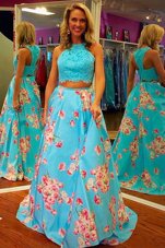 Fitting Halter Top Sleeveless Satin Sweep Train Zipper Prom Dresses in Aqua Blue for with Lace and Embroidery