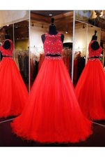 Glamorous Scoop Sleeveless Prom Gown Floor Length Beading Coral Red Organza