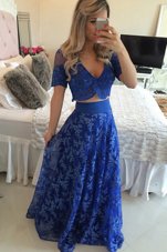 Dramatic Royal Blue Mother Of The Bride Dress Prom and Party and For with Lace and Appliques V-neck Short Sleeves Sweep Train Zipper