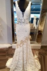 Artistic Mermaid Lace Zipper Celebrity Dress White and In for Prom with Beading Sweep Train