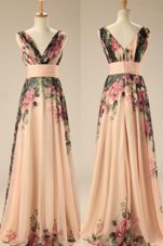 Simple Orange Prom Gown Chiffon Sweep Train Sleeveless Embroidery and Belt