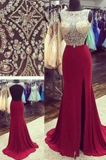 Captivating Sleeveless Chiffon Brush Train Backless Homecoming Dress in Wine Red for with Beading