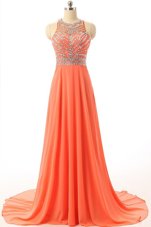 Flirting Halter Top Orange Sleeveless Chiffon Court Train Backless Prom Party Dress for Prom and Party