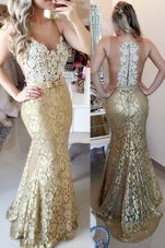 Ideal Mermaid Gold Zipper Spaghetti Straps Lace and Belt Going Out Dresses Lace Sleeveless Brush Train