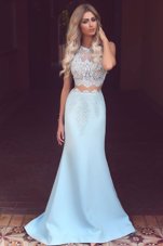 Dazzling Mermaid Scoop Lace Prom Party Dress Light Blue Zipper Sleeveless Sweep Train