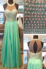 Cheap High-neck Sleeveless Prom Evening Gown Floor Length Beading Apple Green Chiffon